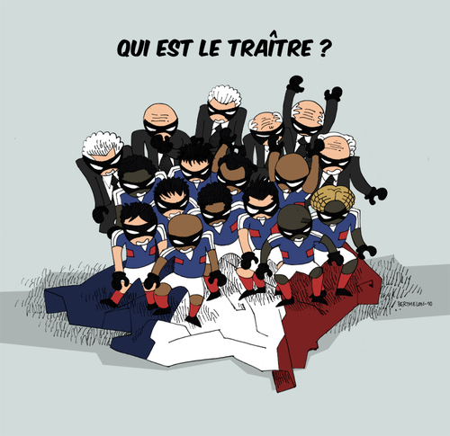 Cartoon: Who is the traitor ? (medium) by Thomas Berthelon tagged berthelon,thomas,worldcup,world,cup,2010,mondial,anelka,football,domenech