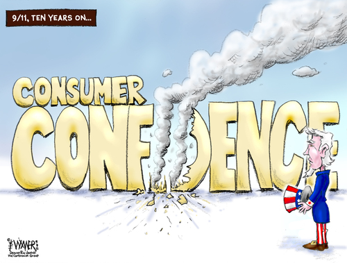 Cartoon: 9-11 Ten Years On (medium) by karlwimer tagged business,economy,consumer,confidence,usa,uncle,sam,terror,911