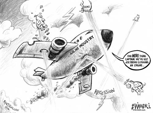 Cartoon: Airline Swine Assault (medium) by karlwimer tagged airlines,airplane,joe,biden,swine,flu,recession,oil,pigs