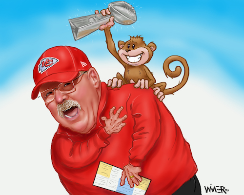 Cartoon: Andy Reid Super Bowl Monkey (medium) by karlwimer tagged wimer,andy,reid,super,bowl,nfl,american,football,kansas,city,chiefs,monkey,coach