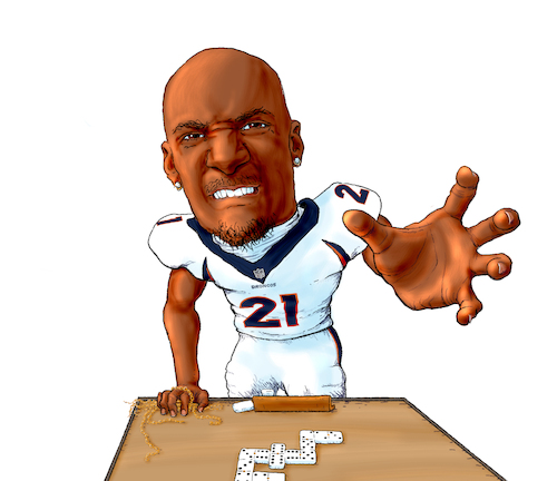 Cartoon: Aqib Talib Dominoes Gold Chains (medium) by karlwimer tagged football,american,usa,denver,broncos,dominoes,aqib,talib,gold,chains,sports