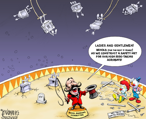 Cartoon: Banking Circus (medium) by karlwimer tagged banking,economy,business,basel,committee,banks,ringmaster,circus,clowns,trapeze,acrobats,recovery
