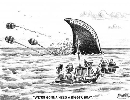 Cartoon: Bigger Boat (medium) by karlwimer tagged shark,jaws,recession,stimulus,obama,boat