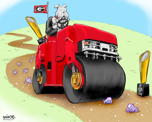 Cartoon: Bulldogs Roll Over Frogs (medium) by karlwimer tagged sports,cartoon,illustration,ncaa,american,football,georgia,tcu,championship,bulldog,horned,frog,trophy,steam,roller