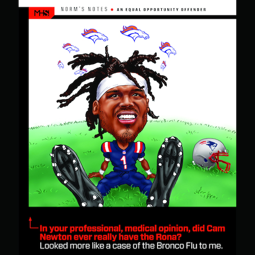 Cartoon: Cam Newton Bronco Flu (medium) by karlwimer tagged nfl,american,football,denver,broncos,new,england,patriots,coronavirus,covid,flu,sports