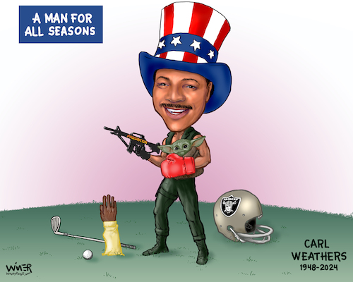 Cartoon: Carl Weathers Man for All Season (medium) by karlwimer tagged sports,cartoon,celebrity,movie,star,apollo,creed,carl,weathers,rocky,predator,mandalorian,oakland,raiders,nfl,american,football,boxing