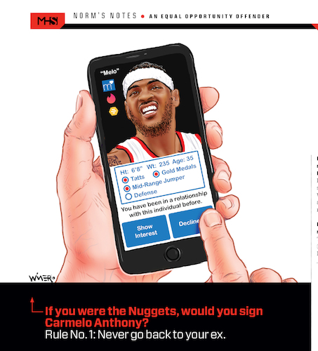 Cartoon: Carmelo Anthony Decline (medium) by karlwimer tagged carmelo,anthony,denver,nuggets,nba,basketball,washed,up,free,agent