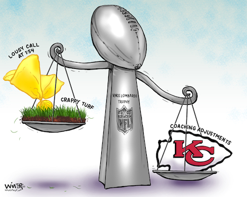 Cartoon: Chiefs Coaches Super Bowl (medium) by karlwimer tagged sports,cartoon,usa,american,football,nfl,super,bowl,kansas,city,chiefs,philadelphia,eagles,penalties,coaching