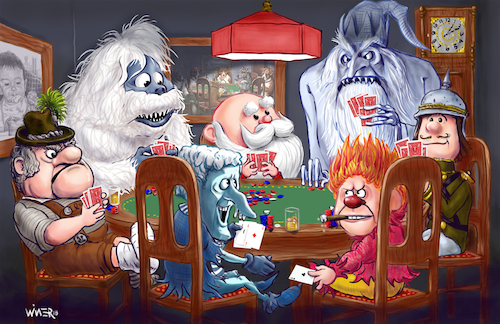 Cartoon: Christmas Cards (medium) by karlwimer tagged rankin,bass,santa,playing,cards,poker,christmas,holidays