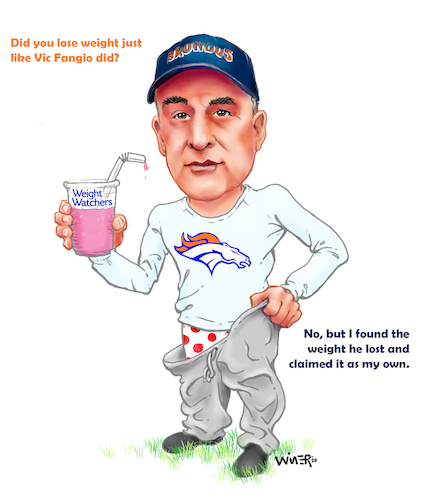 Cartoon: Coach Fangio Weight Loss (medium) by karlwimer tagged denver,broncos,vic,fangio,nfl,american,football,sports,coach,weight,loss
