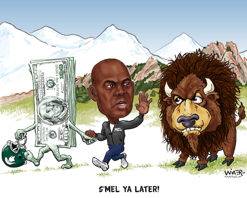 Cartoon: Coach Mel Tucker Runs Out on CU (medium) by karlwimer tagged wimer,sports,american,football,college,ncaa,coaches,colorado,buffs,michigan,state,buffalo