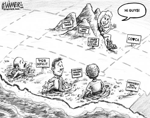 Cartoon: Colorado Loves California (medium) by karlwimer tagged california,colorado,valentines,economic,financial,deficit,poaching,business,incentives,turmoil,mountains,us,taxes,workforce