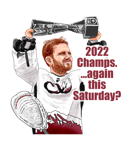 Cartoon: Colorado Mammoth Playoff Push (medium) by karlwimer tagged sports,cartoon,colorado,mammoth,indoor,lacrosse,championship,dillon,ward,goalie,box,lax,denver