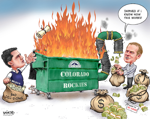 Cartoon: Colorado Rockies Dumpster Fire (medium) by karlwimer tagged sports,colorado,rockies,major,league,baseball,mlb,dumpster,fire,cartoon,karl,wimer