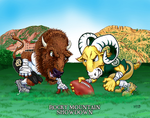 Cartoon: CU Buffs CSU Football Rivalry (medium) by karlwimer tagged american,football,colorado,university,state,buffs,rams,sports,cartoon,karl,wimer