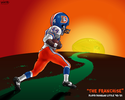 Cartoon: Floyd Little Into the Sunset (medium) by karlwimer tagged denver,broncos,nfl,american,football,floyd,little,memorial,sunset,cartoon,sports