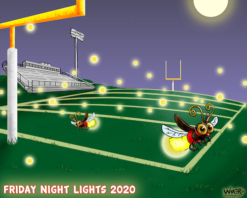 Cartoon: Friday Night Lights 2020 (medium) by karlwimer tagged american,football,high,school,empty,stadiums,fireflies,coronavirus,covid,pandemic