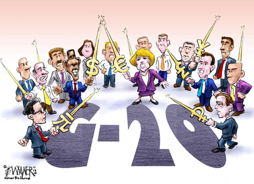 Cartoon: G20 Currency Wars (medium) by karlwimer tagged economy,business,g20,politics,currency,trade,obama,merkel,cameron,medvedev