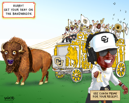 Cartoon: Get your Seat on the Buff Bandwa (medium) by karlwimer tagged american,football,gridiron,cu,buffs,college,colorado,deion,sanders,prime,coach,buffalo,sports,cartoon