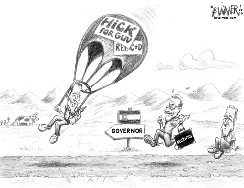 Cartoon: Hick Parachute (medium) by karlwimer tagged colorado,governor,campaign,hickenlooper,mcinnis,parachute,politics