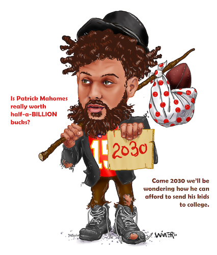 Cartoon: Hobo Mahomes Football Salary (medium) by karlwimer tagged patrick,mahomes,kansas,city,chiefs,nfl,pro,football,usa,contract,hobo