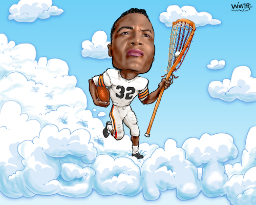 Cartoon: Jim Brown Passes On (medium) by karlwimer tagged jim,brown,usa,football,syracuse,lacrosse,cleveland,browns,humanitarian,activist,actor,sports,cartoon,heaven,memorial