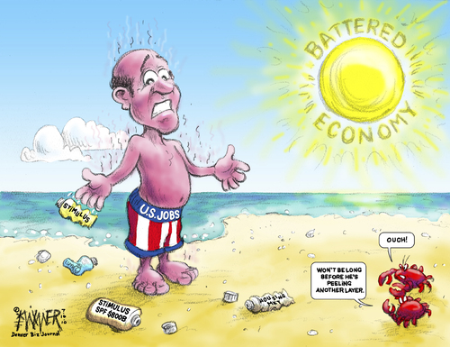 Cartoon: Job Burn (medium) by karlwimer tagged beach,sunburn,sun,summer,economy,unemployment,stimulus,housing,market,business,recession