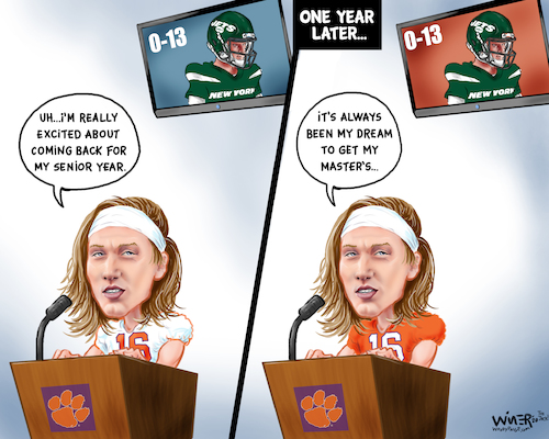 Cartoon: Lawrence Forever Student (medium) by karlwimer tagged american,football,college,nfl,clemson,trevor,lawrence,draft,pick,quarterback,new,york,jets,education