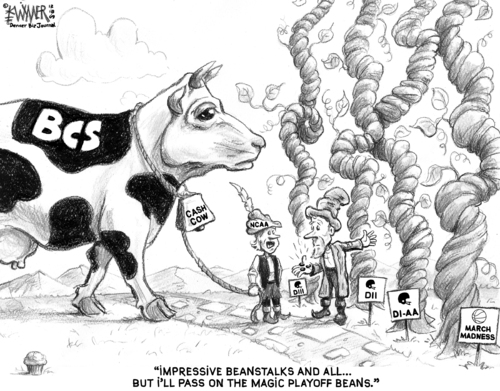 Cartoon: Magic Playoff Beans (medium) by karlwimer tagged ncaa,football,championship,playoff,jack,beanstalk,cash,cow,business