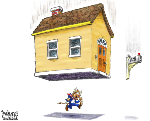 Cartoon: Market Crusher (medium) by karlwimer tagged home,house,market,stockmarket,business,economy,economics,bull,usa,recovery