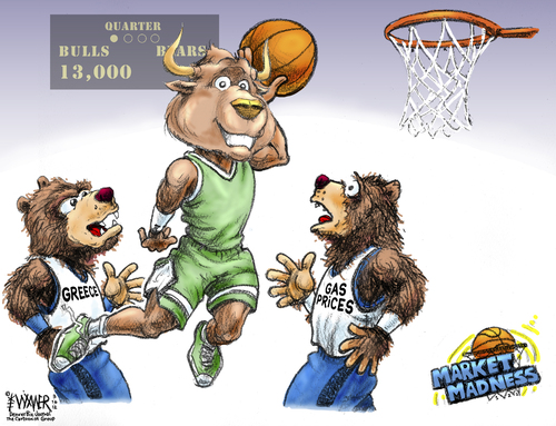 Cartoon: Market Madness 12 (medium) by karlwimer tagged karlwimer,bear,bull,stocks,basketball,business,market