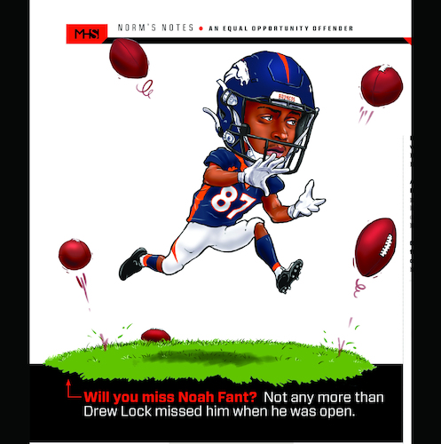 Cartoon: Missing Bronco Receiver (medium) by karlwimer tagged sports,cartoon,nfl,american,football,denver,broncos,noah,fant,receiver,tight,end