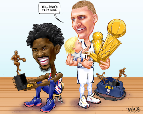 Cartoon: No Trophy Envy For Joker (medium) by karlwimer tagged denver,nuggets,nikola,jokic,joker,serbia,nba,philadelphia,76ers,joel,embiid,championship,mvp,basketball