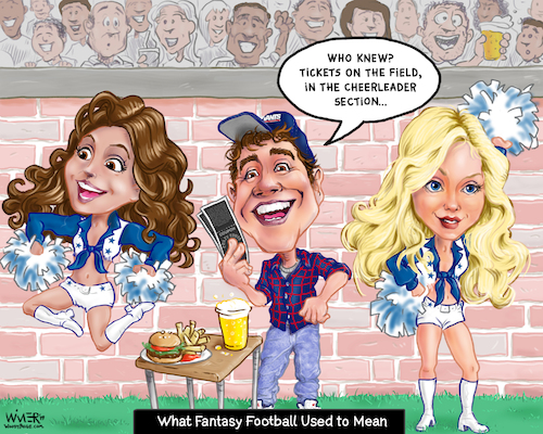 Cartoon: Old School Fantasy Football (medium) by karlwimer tagged fantasy,football,nfl,cheerleaders,tickets,american,sports