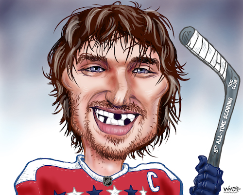 Cartoon: Ovechkins 700 Goal Smile (medium) by karlwimer tagged sports,washington,capitals,nhl,ice,hockey,alexander,ovechkin,goals