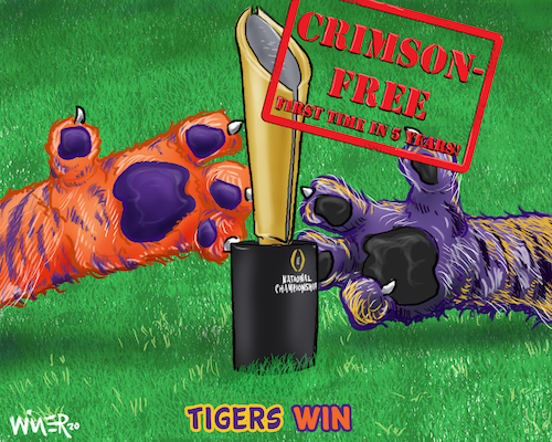 Cartoon: Paws on the Prize NCAA Football (medium) by karlwimer tagged wimer,ncaa,football,championship,clemson,lsu,alabama,college,tiger