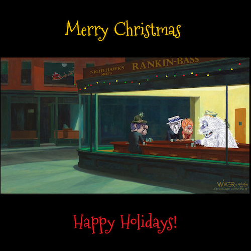 Cartoon: Rankin Bass Hopper Nighthawks (medium) by karlwimer tagged santa,christmas,card,rankin,bass,edward,hopper,painting,art,mashup