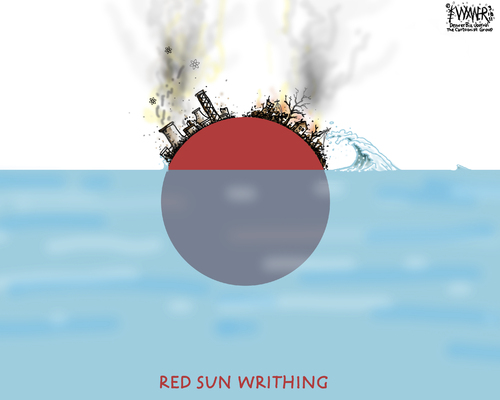 Cartoon: Red Sun Writhing (medium) by karlwimer tagged nuclear,flag,sun,red,japan,destruction,tragedy,disaster,tsunami,sadness
