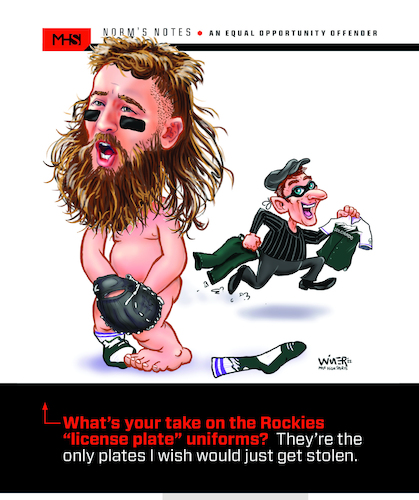 Cartoon: Rockies Uniform Theft (medium) by karlwimer tagged baseball,colorado,rockies,uniforms,sports,cartoon,mlb,charlie,blackmon