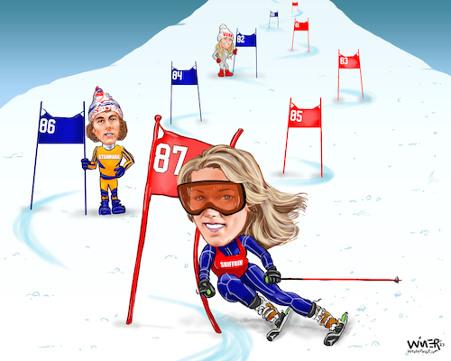 Cartoon: Shiffrin Skis Into New Territory (medium) by karlwimer tagged cartoon,sports,illustration,mikaela,shiffrin,alpine,skiing,ski,racer,world,cup,champion,ingemar,stenmark,lindsey,vonn,record