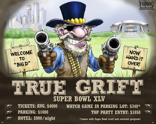 Cartoon: True Grift (medium) by karlwimer tagged business,sports,football,usa,dallas,superbowl,super,bowl,true,grit,grift,cowboy,tickets