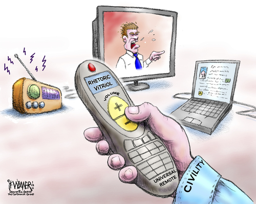 Cartoon: Universal Media Remote (medium) by karlwimer tagged shooting,tucson,media,radio,tv,internet,civility,rhetoric,vitriol,anger,politics