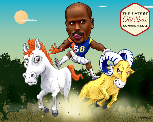 Cartoon: Von Miller Latest Ad (medium) by karlwimer tagged wimer,sports,cartoon,american,football,denver,broncos,los,angeles,rams,von,miller,trade,horse