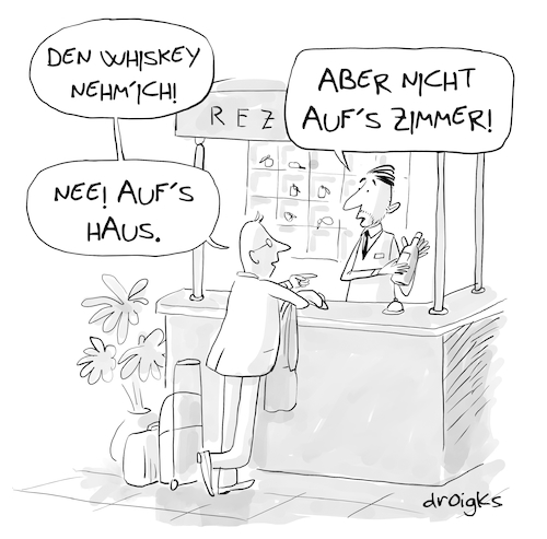 Cartoon: Aufs Haus (medium) by droigks tagged cartoon,comic,droigks,hotel,sitte,regel,tresen,rezeption,alkohol,whisky,whiskey,hotelgast,verbot,rezeptionist,gratis,geschenk,schnäppchen,bonus,spende,cartoon,comic,droigks,hotel,sitte,regel,tresen,rezeption,alkohol,whisky,whiskey,hotelgast,verbot,rezeptionist,gratis,geschenk,schnäppchen,bonus,spende