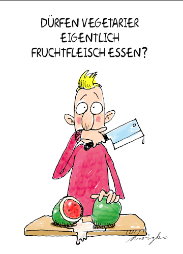 Cartoon: FRUCHTFLEISCH (medium) by droigks tagged vegetarisch,droigks,vegetarier,frucht,fleisch,ernährung,verbot,erlaubt,lebensweise,dogma,dogmatisch,zwanghaft,wortspiel,vegetarisch,droigks,vegetarier,frucht,fleisch,ernährung,verbot,erlaubt,lebensweise,dogma,dogmatisch,zwanghaft,wortspiel