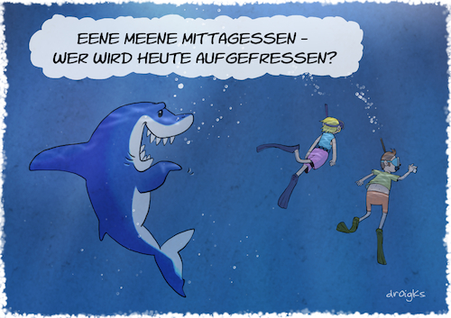 Cartoon: Hai mit Appetit (medium) by droigks tagged hai,haifisch,megalodon,droigks,abzählreim,taucher,tauchen,tauchsport,haiattacke,meer,ozean,tiefsee,unterwasserwelt,fisch,knorpelfisch,hai,haifisch,megalodon,droigks,taucher,tauchen,tauchsport,haiattacke,meer,ozean,tiefsee,unterwasserwelt,fisch,knorpelfisch