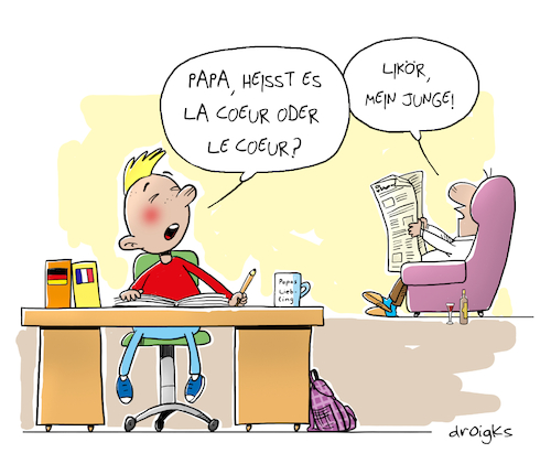 Cartoon: Likör vs. la Coeur vs. le Coeur (medium) by droigks tagged französisch,france,übersetzung,sprache,herz,schule,cour,hausaufgabe,unterricht,fremdsprache,vs,coeur