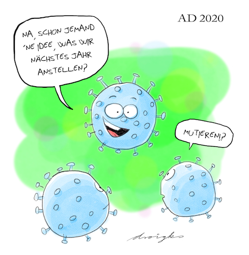 Cartoon: Mutation (medium) by droigks tagged corona,covid,lockerung,zukunft,shutdown,lockin,viren,virus,epidemie,pandemie,mutation,resistenz,corona,covid,viren,virus,epidemie,pandemie,mutation,resistenz