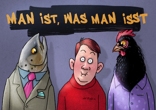 Cartoon: ...oder isst was man ist (medium) by droigks tagged nahrungaufnahme,nahrung,nahrungsmittel,droigks,essen,formgebung,fisch,hahn,hähnchen,huhn,kannibale,kannibalismus,nahrungaufnahme,nahrung,nahrungsmittel,droigks,essen,formgebung,fisch,hahn,hähnchen,huhn,kannibale,kannibalismus