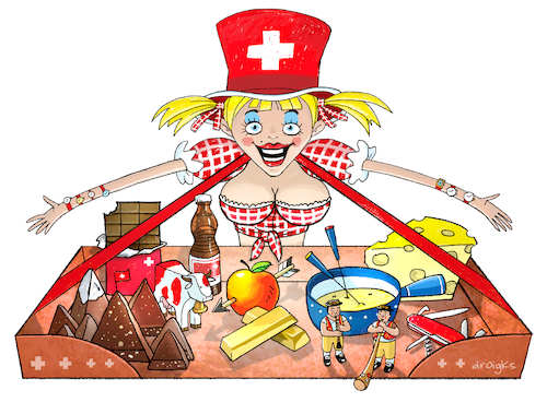 Cartoon: schweizer Klischees (medium) by droigks tagged illustration,droigks,schweiz,suisse,vorurteil,vorstellung,helvetia,käse,taschenmesser,banken,gold,bankgeheimnis,schokolade,fondue,alm,distanziert,höflich,korrekt,demokratisch,illustration,droigks,schweiz,suisse,vorurteil,vorstellung,helvetia,käse,taschenmesser,banken,gold,bankgeheimnis,schokolade,fondue,alm,distanziert,höflich,korrekt,demokratisch